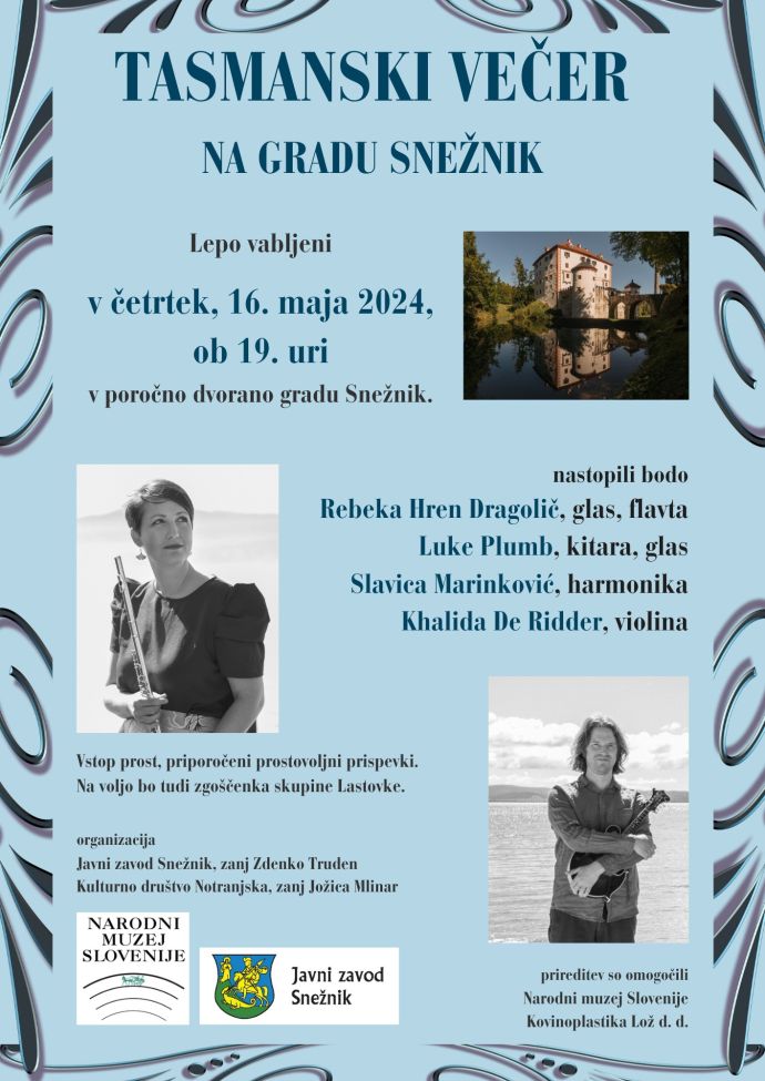 Na vabilu je enako besedilo kot v tej objavi, dodane so fotografije gradu Snežnik in dveh izvajalcev z inštrumentoma flavto in kitaro.